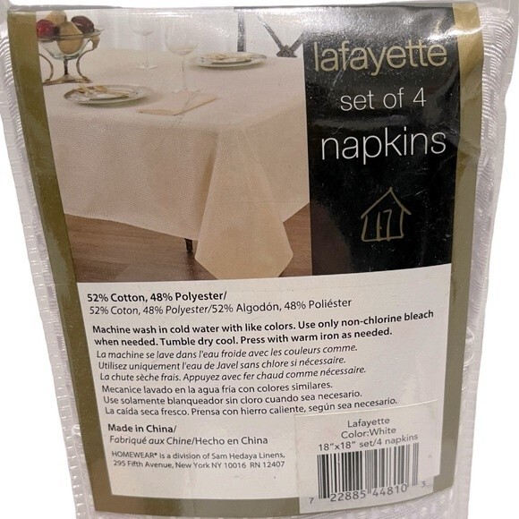 Homewear Lafayette Set of 4 Fabric Napkins White 18”x18” - Picture 3 of 5